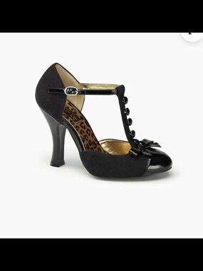 Pin Up Couture Black Women's T-Strap Heels with Leopard Insole